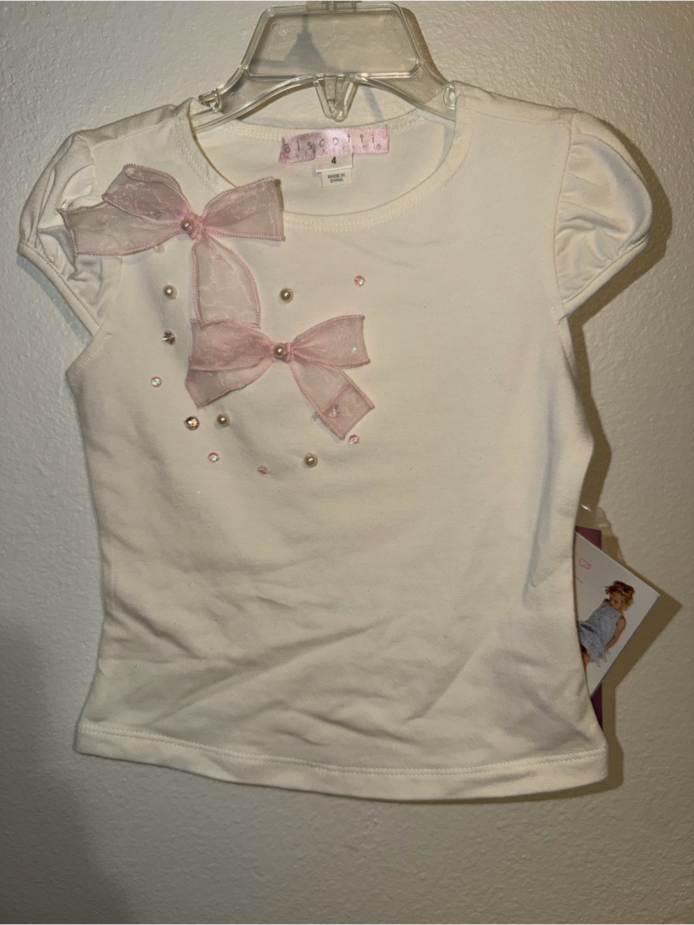 NWT Biscotti Ode To Chanel Tee 4 Ivory Pink Bows Pearls Rhinestones $35